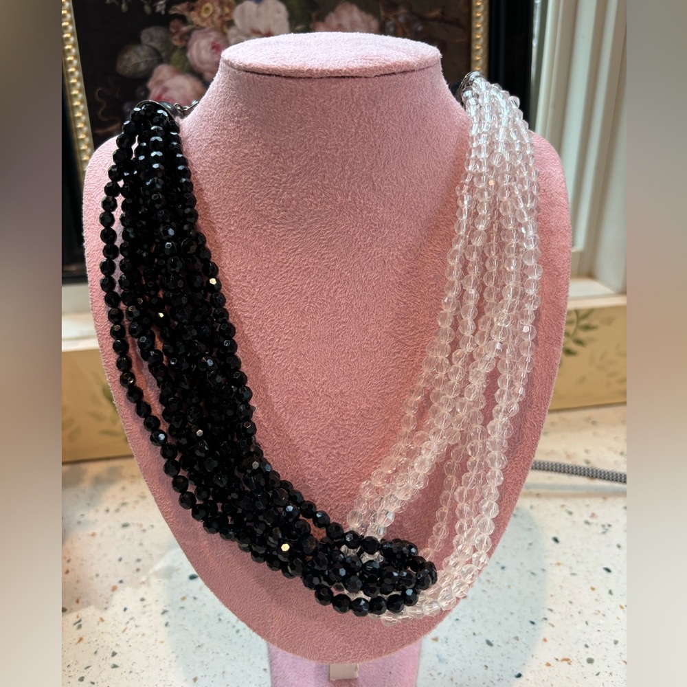 Crystal Beaded Two Tone‎ Necklace Black & Clear Beads Long Necklace
